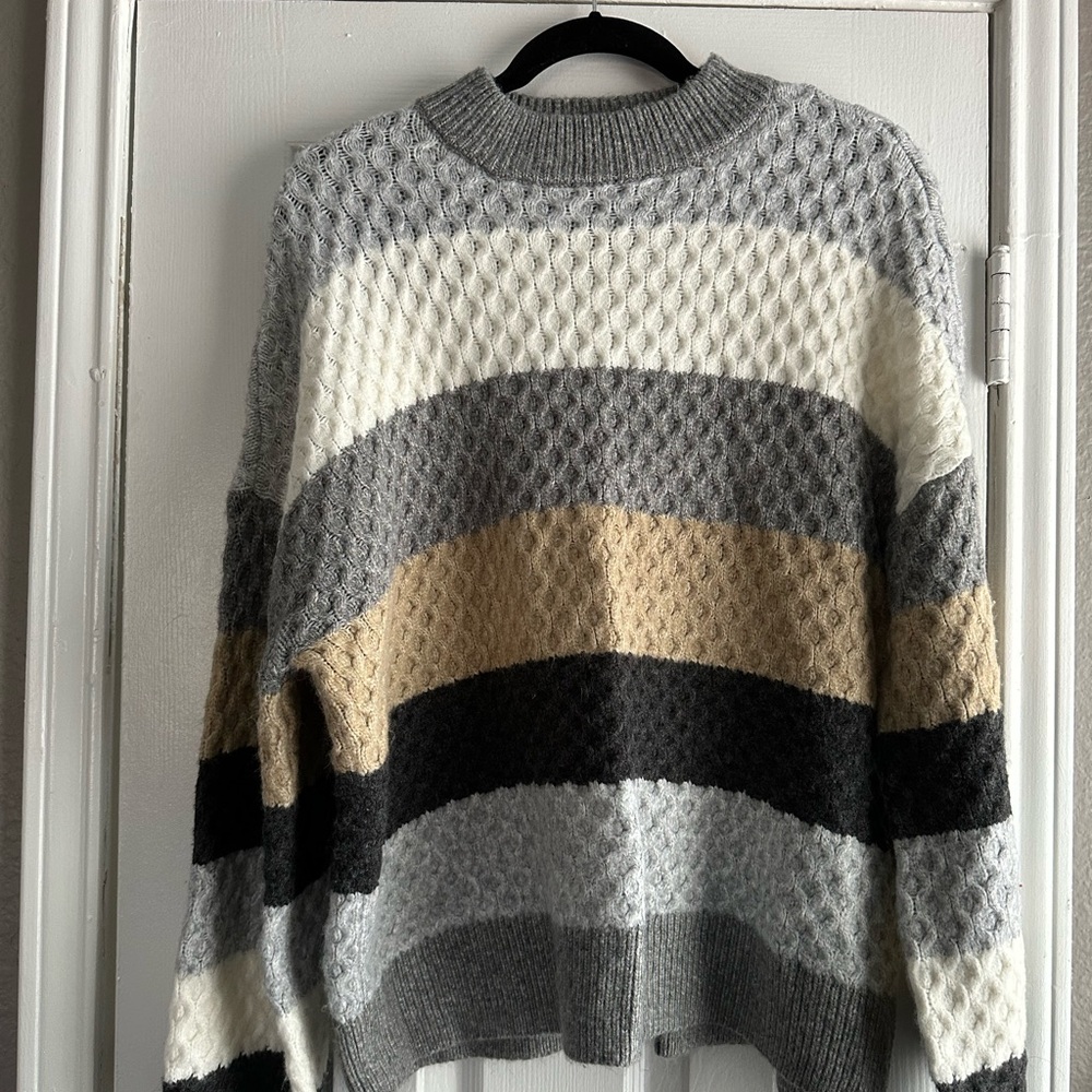 Cozy Striped Women's Sweater in Gray, Cream, and Tan